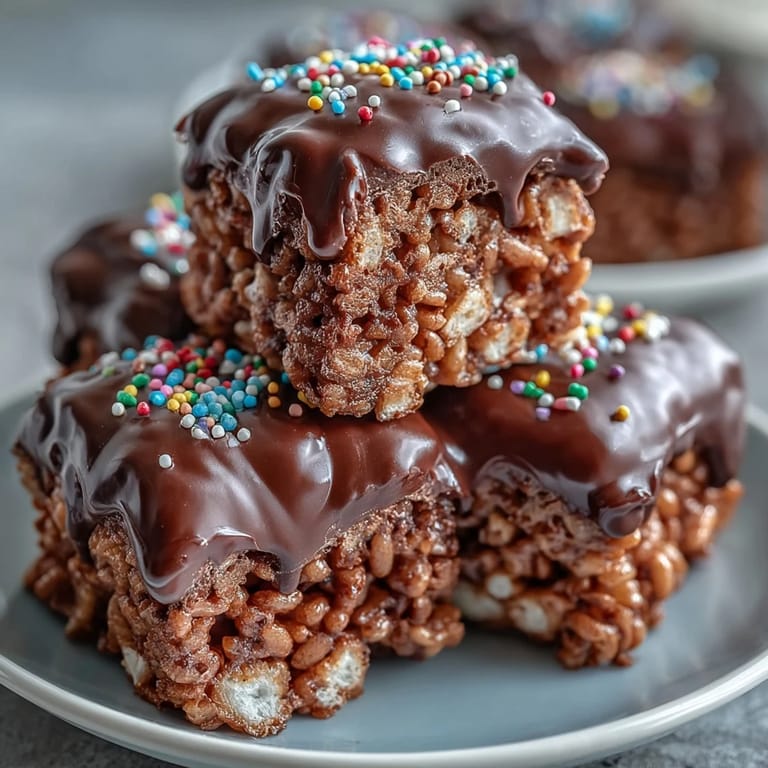 A close-up view of Chocolate Covered Rice Krispy Treats topped with rainbow sprinkles, capturing the crunchy texture and rich chocolate drizzle.