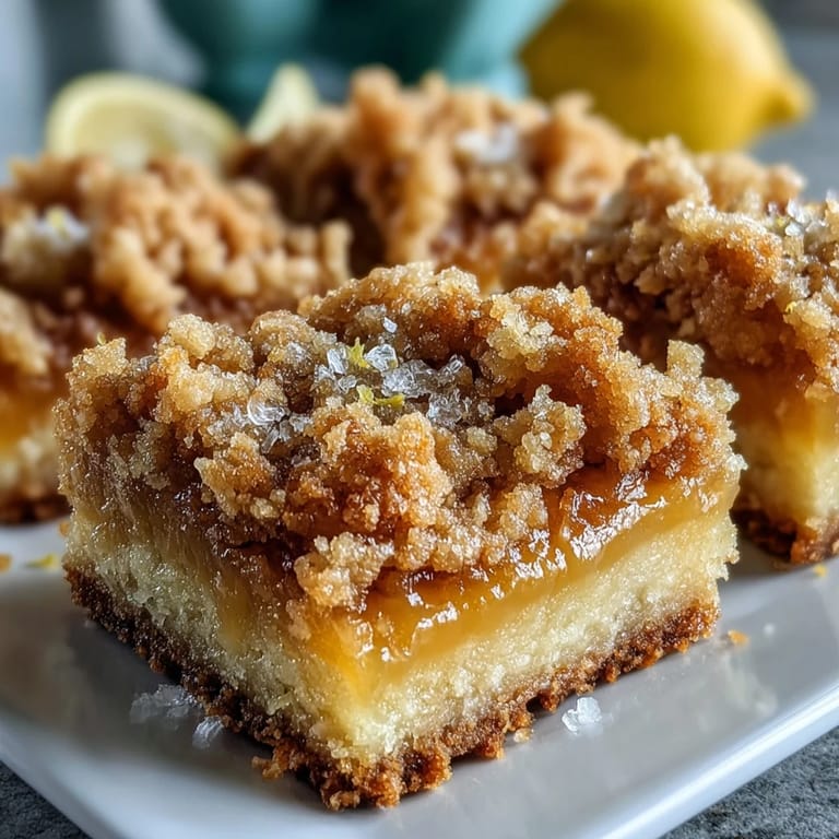 Slice of a Homemade Lemon Crumb Bar reveals tangy citrus center and buttery crumb texture, served on a rustic plate.
