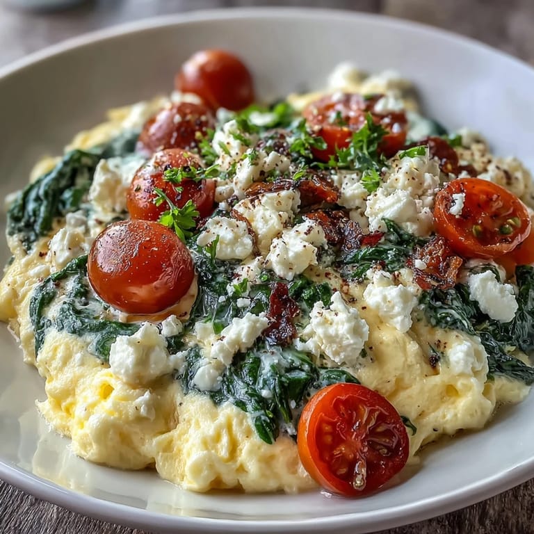 A wholesome Mediterranean-inspired breakfast bowl with creamy feta, fresh spinach, and golden toasted whole grain bread.  