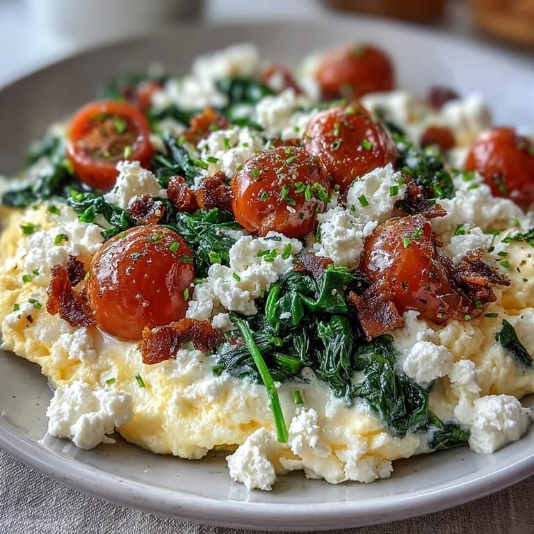 A hearty vegetarian breakfast bowl featuring rich scrambled eggs, tender spinach, and tangy feta cheese crumbles.