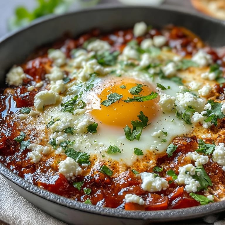 Hearty vegetarian shakshuka featuring runny eggs nestled in rich, smoky tomato-pepper sauce with fresh herbs.  