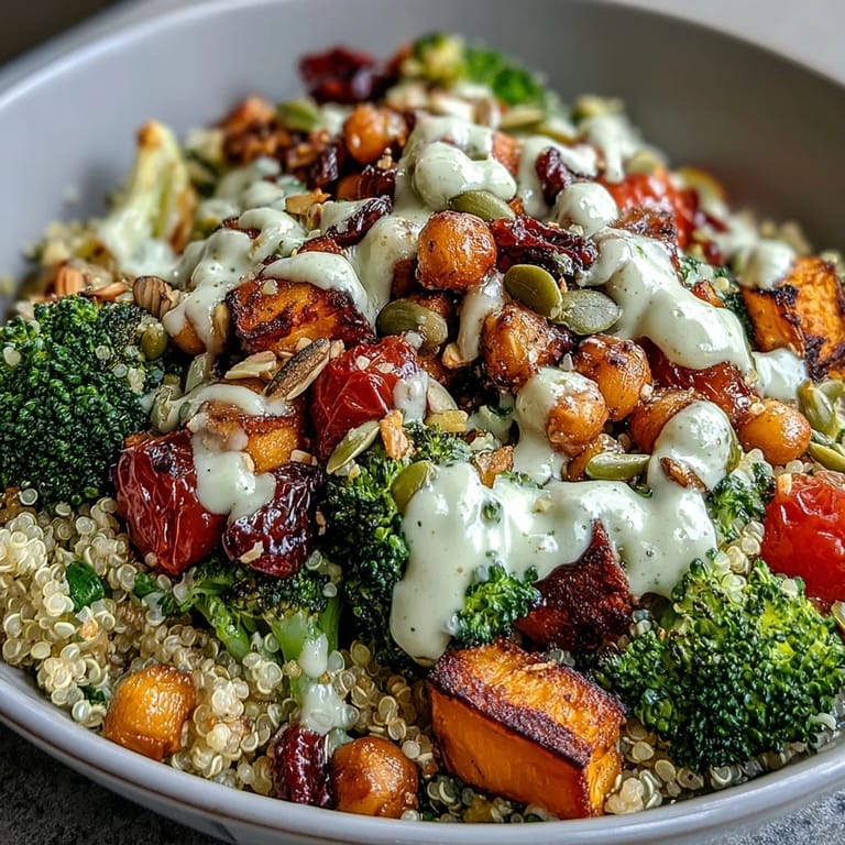 Wholesome week-long power bowl featuring hearty beans, fresh greens, and a creamy tahini lemon dressing in a clear glass container.  