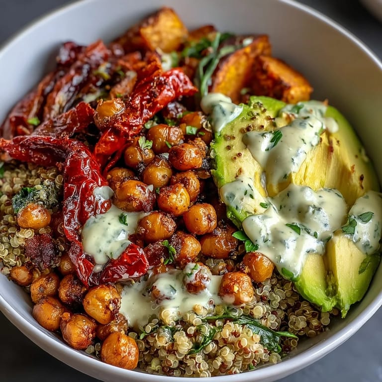 A wholesome Mediterranean-inspired grain bowl featuring crunchy roasted chickpeas, tender roasted vegetables, and a zesty lemon-tahini drizzle.
