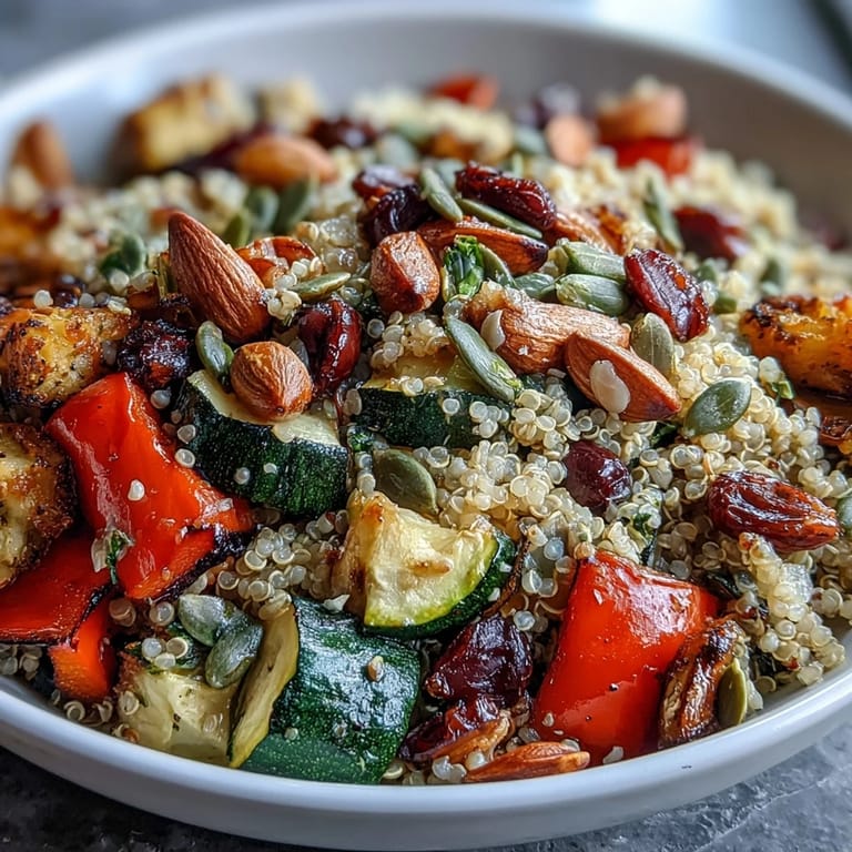 Wholesome quinoa power bowl featuring vibrant roasted vegetables, hearty beans, and a tangy lemon dressing for a nourishing meal.