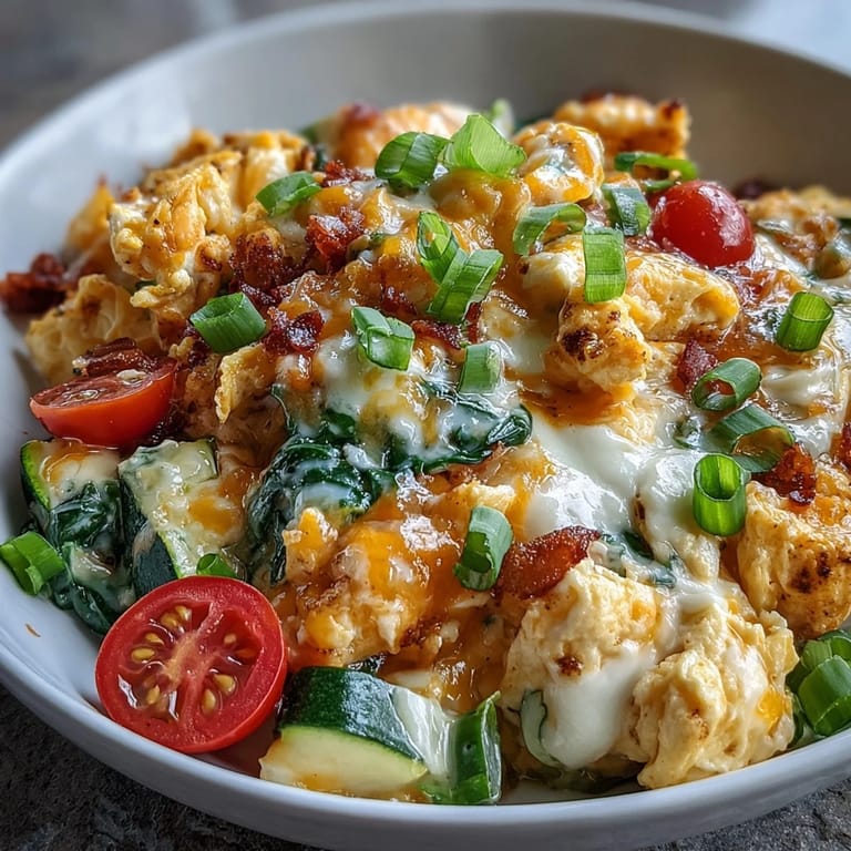 Creamy scrambled eggs with melted cheddar and fresh veggies served in a colorful, nourishing breakfast bowl.
