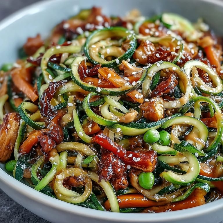 Fresh spiralized zucchini and crisp vegetables coated in tangy, savory peanut sauce. Quick, easy, and packed with Asian-inspired flavors.