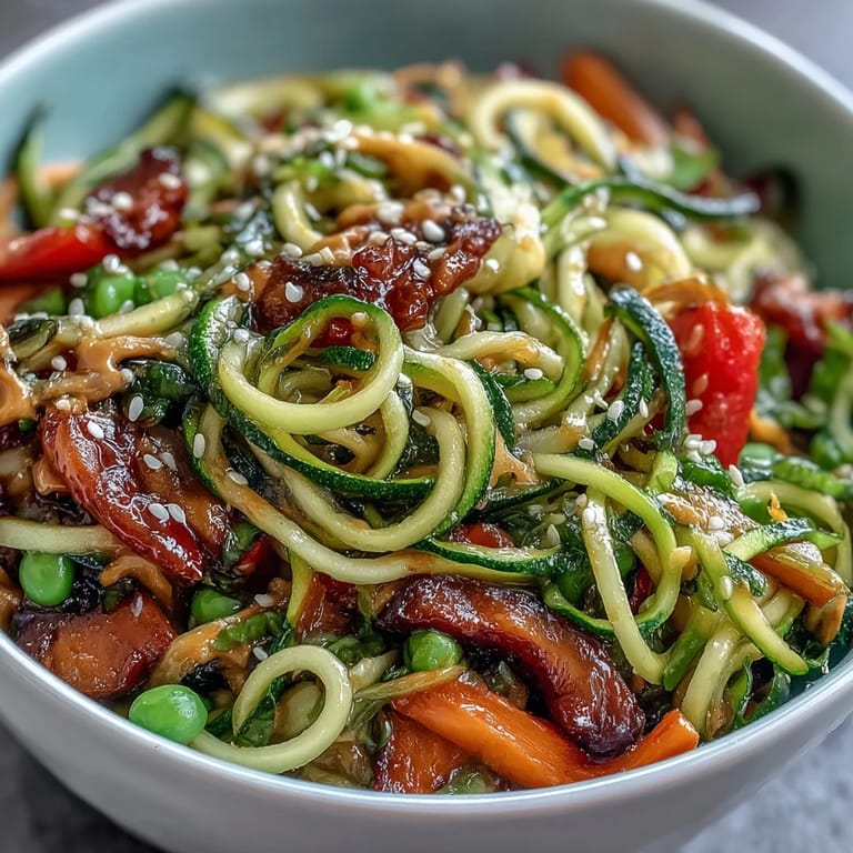 Creamy peanut sauce drizzled over zucchini noodles and crunchy vegetables. Nutritious, vegetarian stir-fry ready in just 25 minutes.
