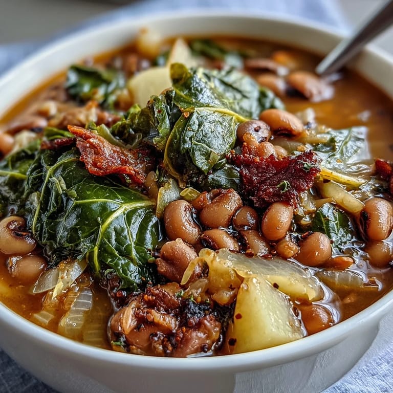 Hearty black-eyed peas and collard greens simmer together in this comforting Soul Food stew, infused with smoky spices and served with warm cornbread.