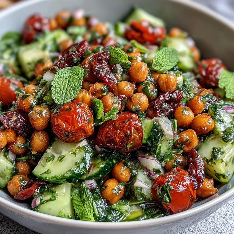 Colorful Mediterranean Cucumber Chickpea Salad with Lemon Vinaigrette, featuring fresh cherry tomatoes, red onion, and herbs tossed in a zesty citrus dressing.