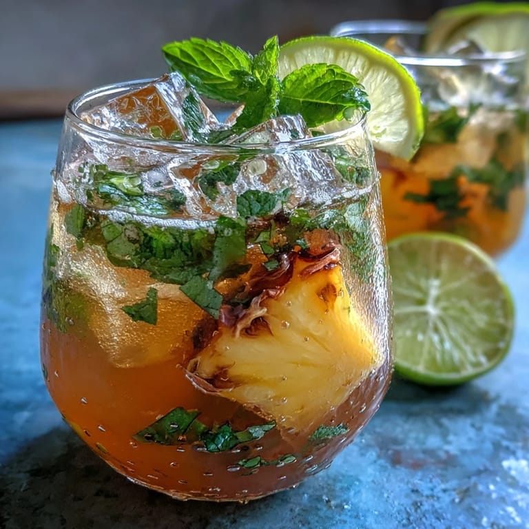 Vibrant pineapple basil agua fresca served over ice with juicy pineapple wedges and aromatic basil leaves for a tropical twist.