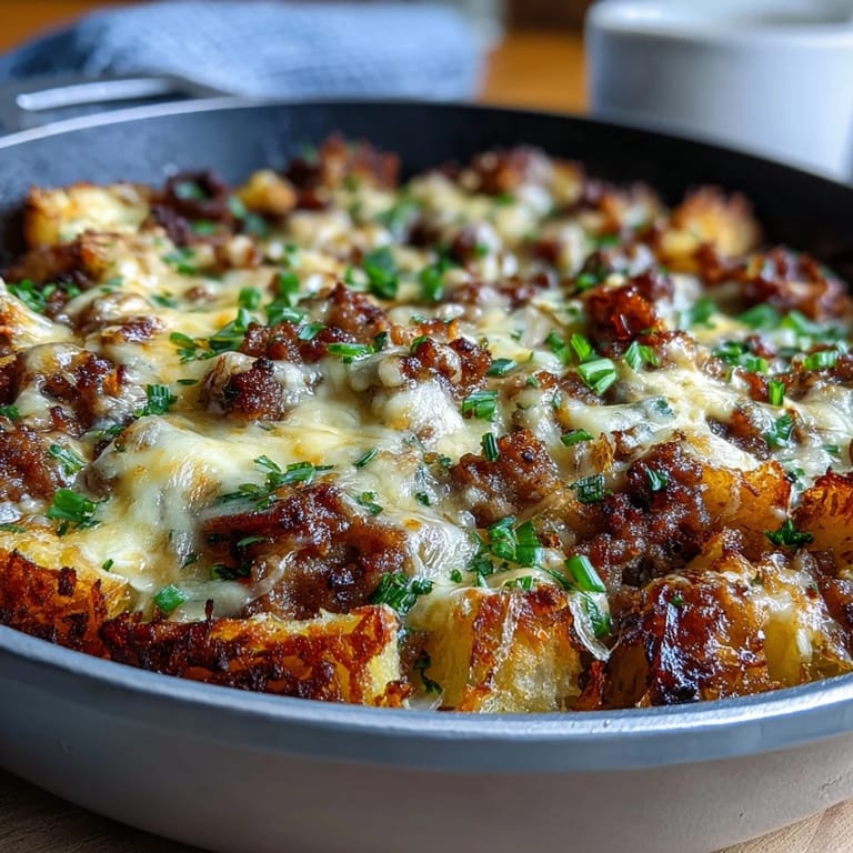 Hearty Amish casserole loaded with crispy hash browns, savory sausage, and melted cheese.