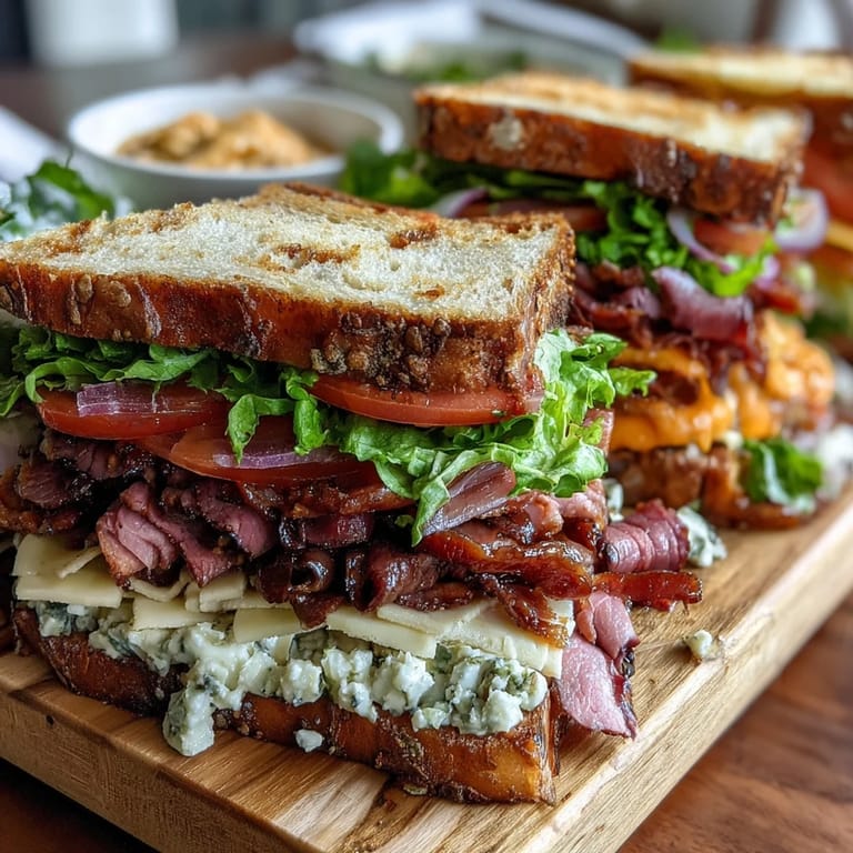 Colorful deli sandwich spread featuring roast beef, turkey, salami, cheeses, and veggies arranged for customizable picnic sandwiches.