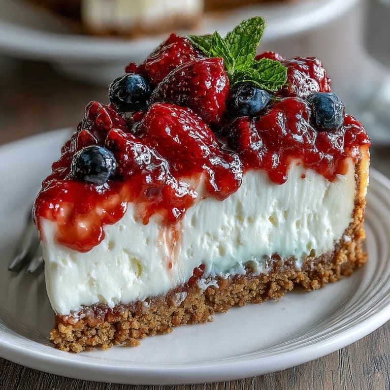Creamy Fourth of July cheesecake decorated with red, white, and blue berries in a flag design, ideal for summer parties.
