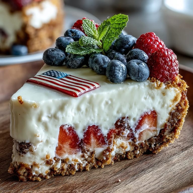 No-bake American flag cheesecake featuring vibrant blueberries and strawberries atop a buttery graham cracker crust for a patriotic dessert.  