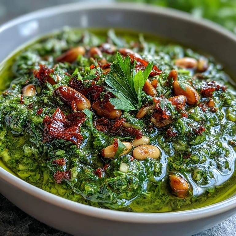 Creamy dandelion pesto with garlic and pine nuts, a versatile sauce for pasta, crostini, or grilled meats.