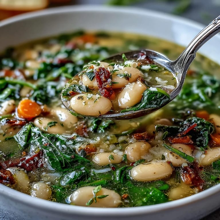 Creamy slow-cooked cannellini beans and fresh spinach combine in a flavorful vegetable broth, garnished with Parmesan and basil for a comforting meal.