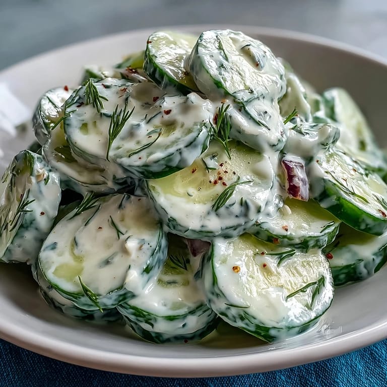A refreshing summer side dish featuring creamy dill dressing over chilled cucumber and red onion slices, perfect for picnics or barbecues.