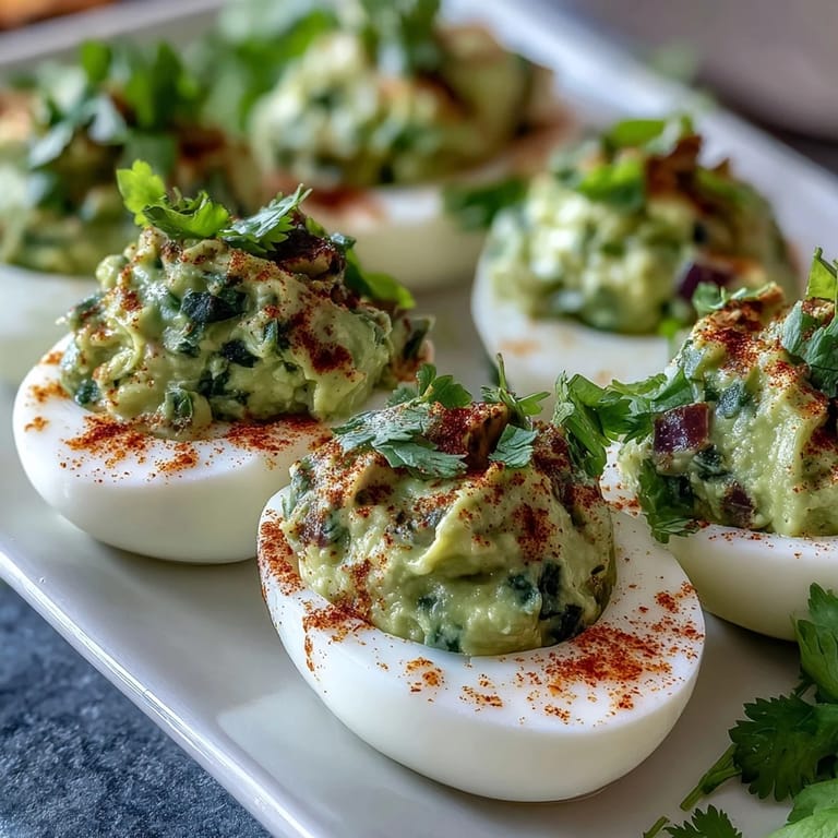 Deviled eggs reimagined with rich guacamole center, perfect for appetizers or healthy snacks.