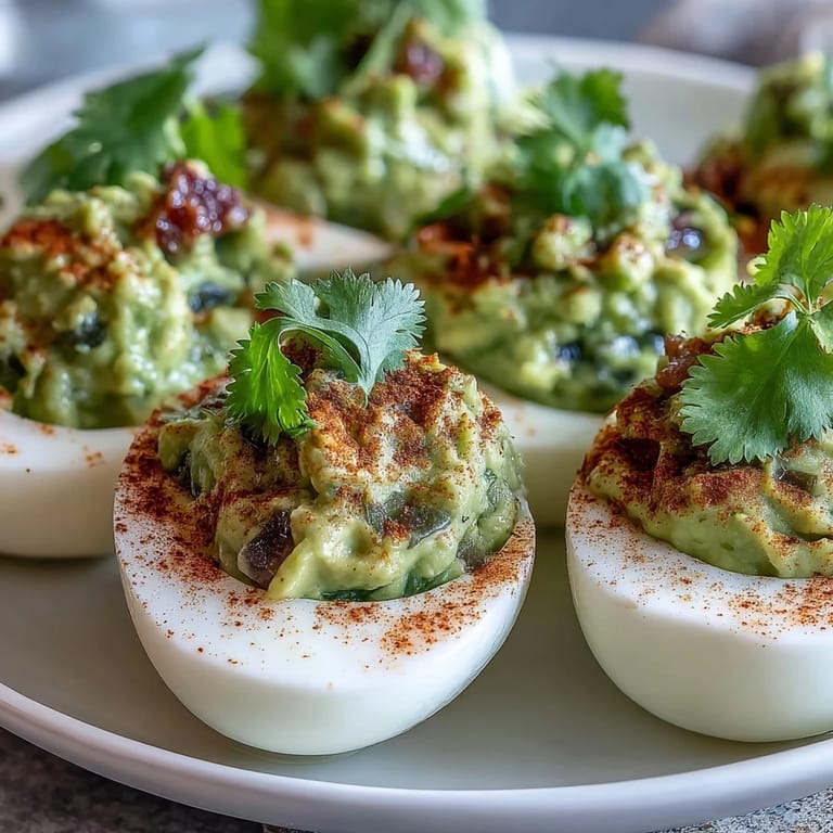 A fresh twist on classic deviled eggs, featuring guacamole filling with lime, red onion, and jalapeño.