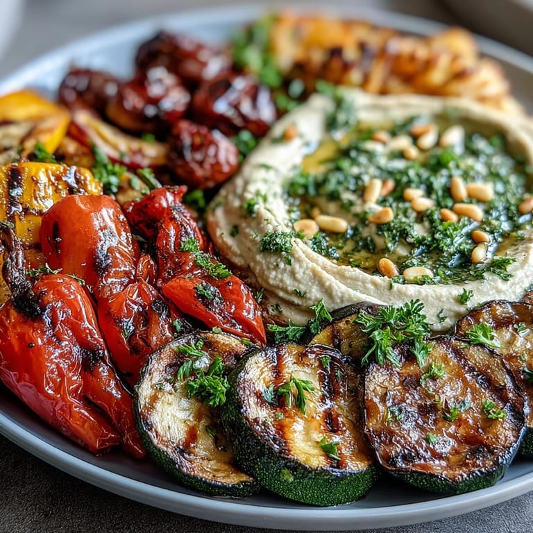 Vibrant grilled vegetable platter with creamy hummus, featuring zucchini, bell peppers, and eggplant, garnished with fresh parsley and olive oil drizzle.
