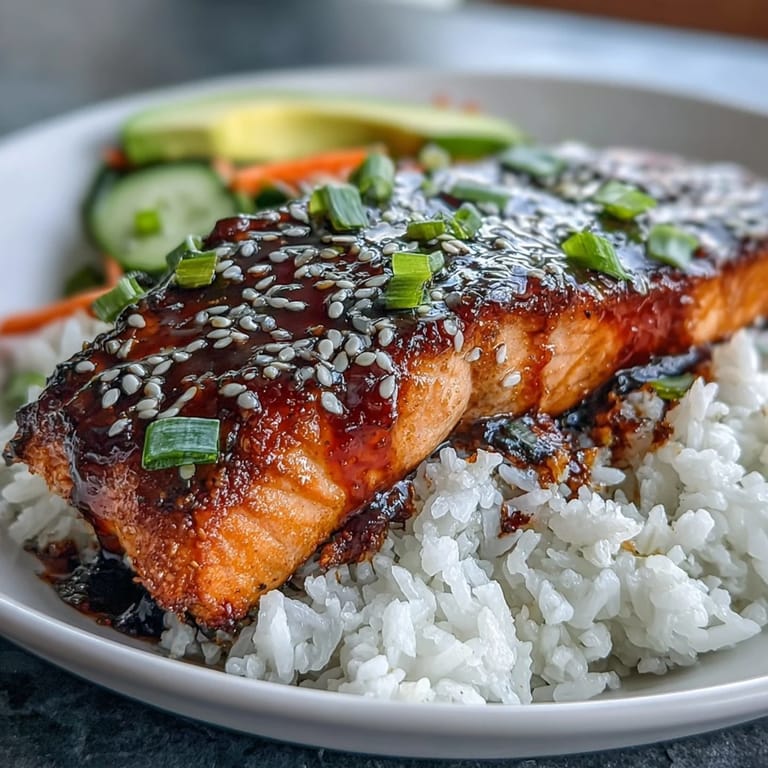 Sweet and savory teriyaki salmon served over jasmine rice with crisp cucumber, carrot, and creamy avocado.