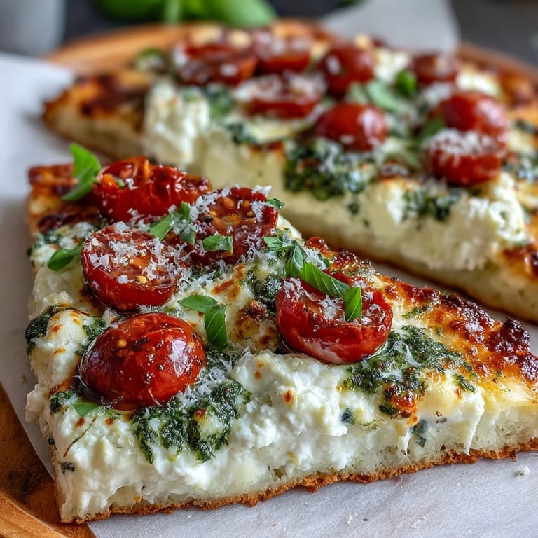 Golden, cheesy flatbread piled with basil pesto and fresh tomatoes, a healthy delight.