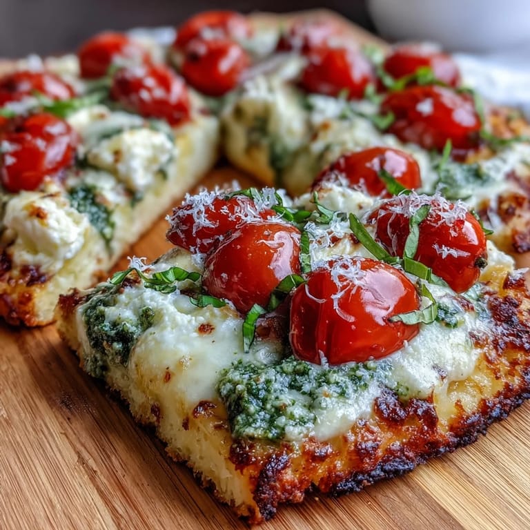 Savor delicious cottage cheese flatbread topped with pesto and sweet tomatoes, perfectly baked.