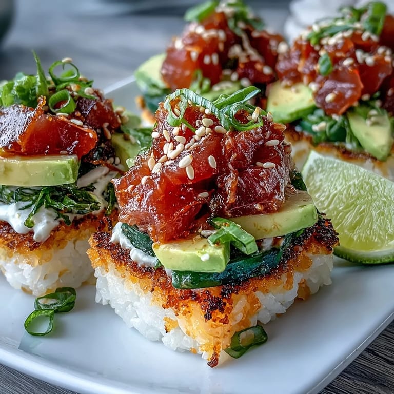 Enjoy this colorful crispy rice salad with creamy avocado and zesty tuna topping.