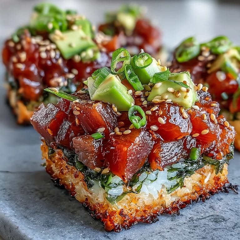 Delectable spicy tuna piled on golden crispy rice squares, ready for a fresh salad.