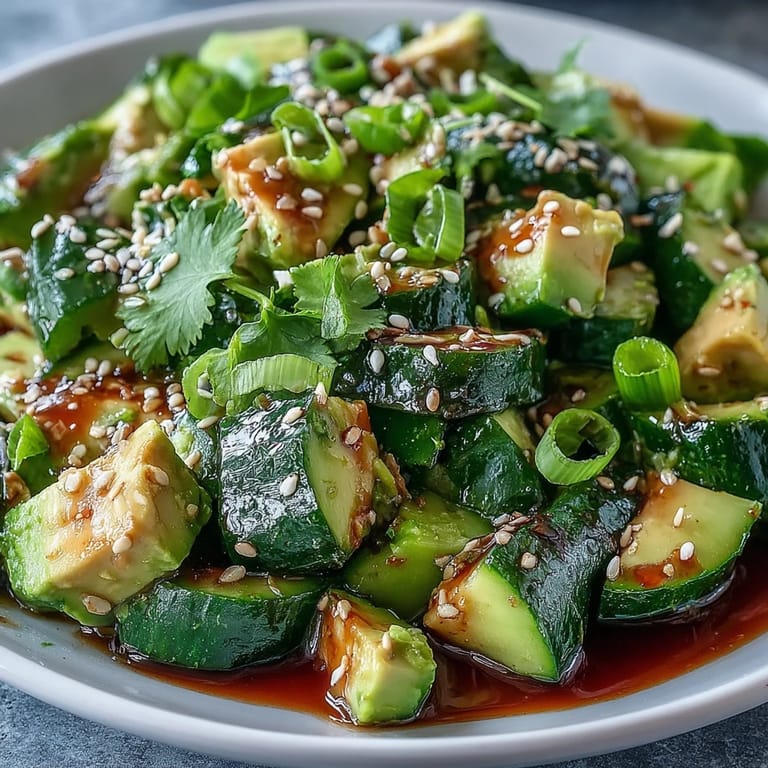 Juicy smashed cucumber and creamy avocado in a sesame dressing, a light, healthy salad.