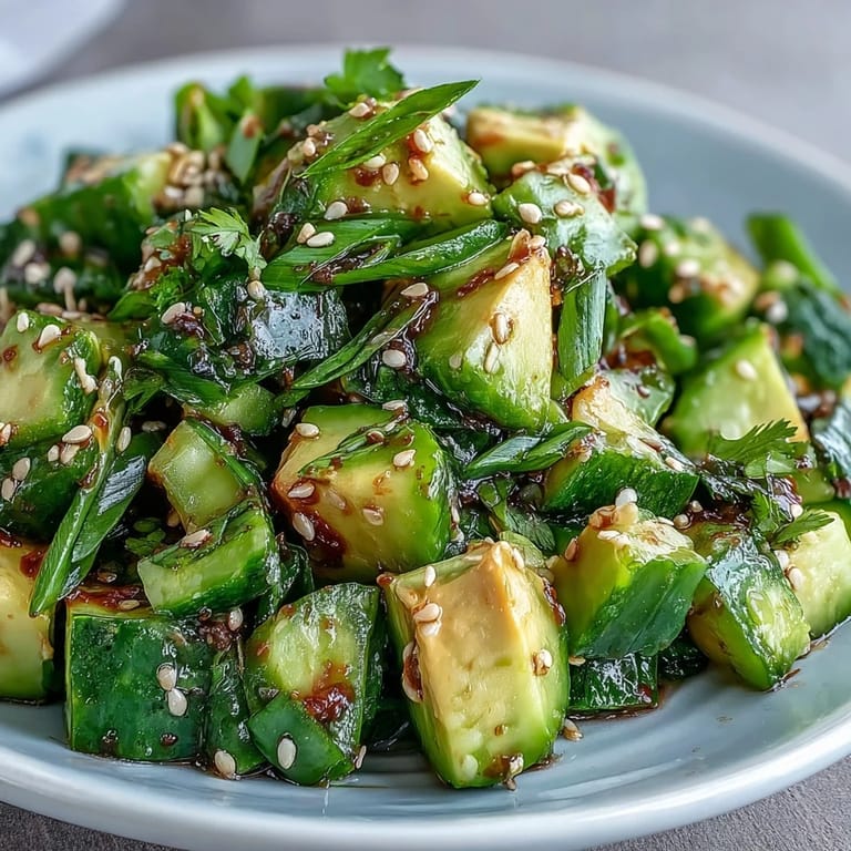 Enjoy this Smashed Cucumber and Avocado Salad with Sesame, perfectly plated with garnishes.