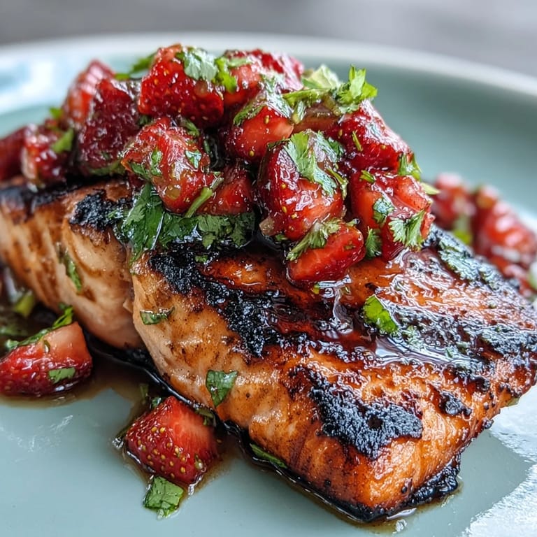 Vibrant grilled salmon dish with fresh strawberry avocado salsa ideal for dinner.