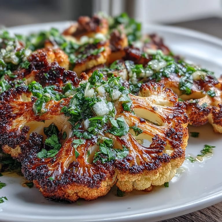 Charred BBQ Cauliflower Steaks glistening with chimichurri, a delicious and colorful vegan main dish.