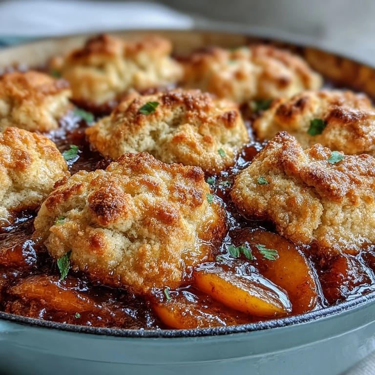 Warm, bubbly peach cobbler with golden biscuit topping, a Southern delight.