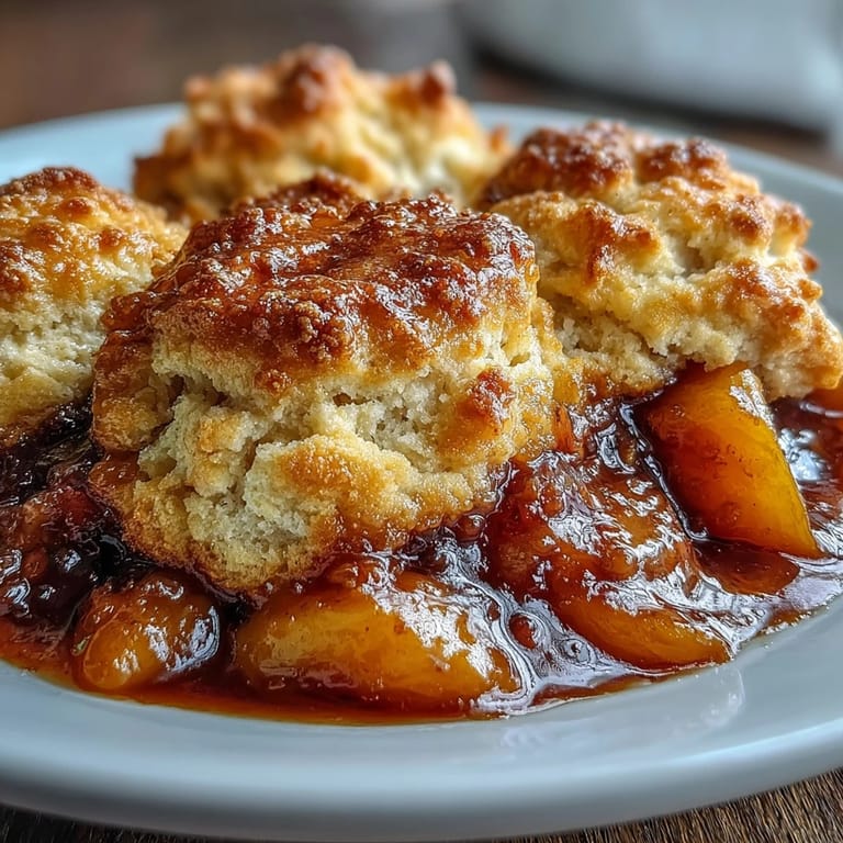 Juicy peaches baked under tender, fluffy biscuit topping, perfect comfort food.