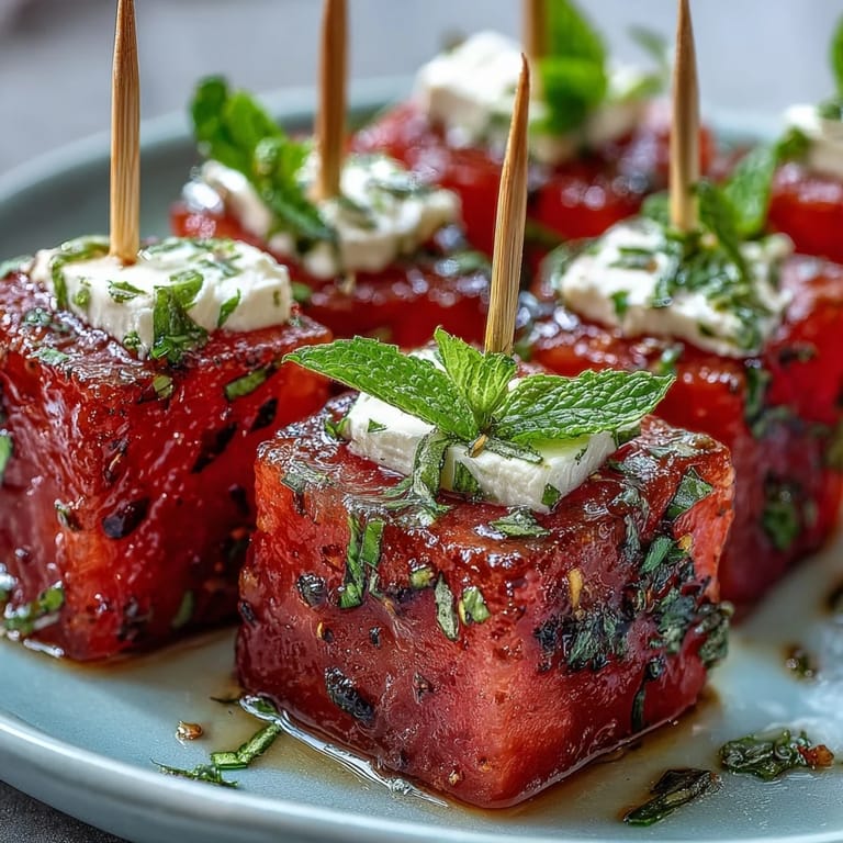 Colorful watermelon feta bites, a light summer appetizer with fresh mint.