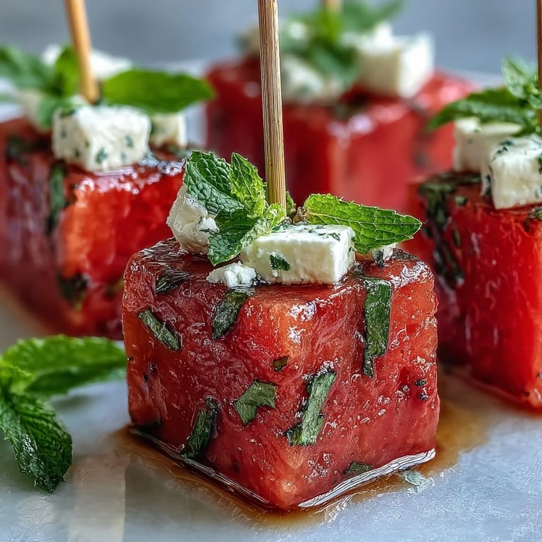 Easy watermelon feta bites, perfect no-cook appetizer drizzled with balsamic glaze.