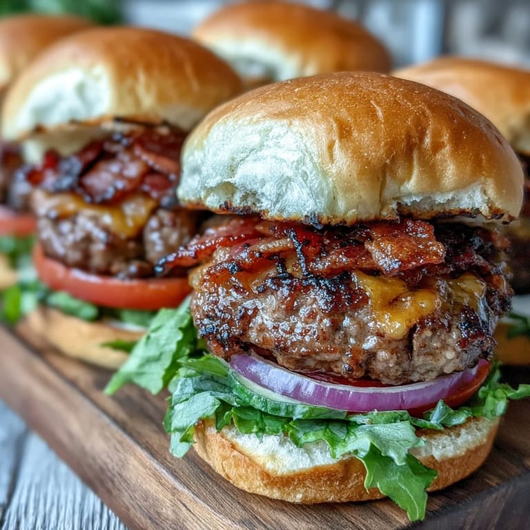 Melted cheese, crispy bacon crown these tasty Father's Day burger sliders.