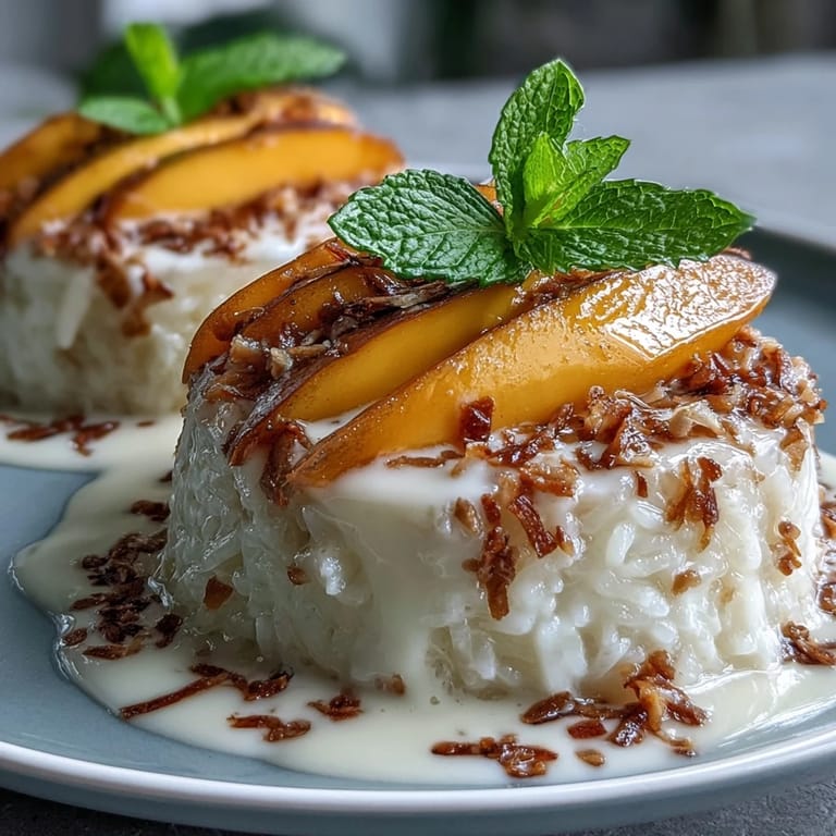 Individual Coconut Mango Sticky Rice Cups garnished with sesame seeds and mint.