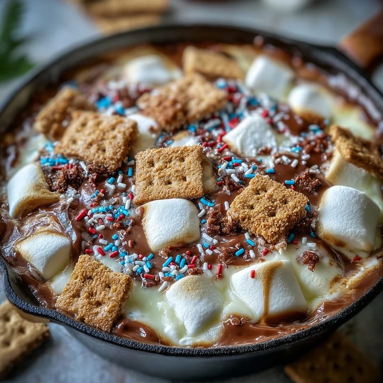 Warm, melted 4th of July S'mores Dip in cast iron, a sweet dessert.