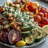 Roasted Mediterranean Greek Vegetables sizzling from the oven, showcasing caramelized eggplant, zucchini, and vibrant peppers.