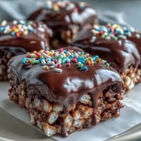 Chocolate Covered Rice Krispy Treats cut into neat squares with gooey marshmallow layers and a glossy dark chocolate coating, ready to serve.