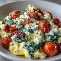 A vibrant spinach and feta breakfast bowl with fluffy scrambled eggs, sautéed greens, and juicy cherry tomatoes.  