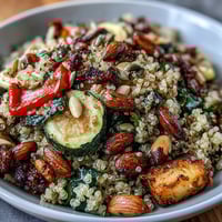 Colorful veggie and quinoa power bowl with roasted seasonal vegetables, protein-rich beans, and crunchy nuts, drizzled with zesty lemon vinaigrette.