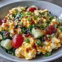 Fluffy scrambled eggs mixed with sautéed spinach, tomatoes, and peppers in a hearty breakfast bowl.