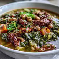 A steaming bowl of Soul Food Black-Eyed Pea and Collard Green Stew, rich with smoky flavors and tender greens, perfect for a cozy Southern meal.