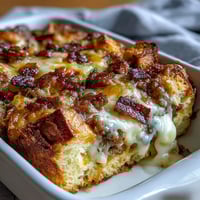 Amish breakfast casserole with hash browns, eggs, and sausage, golden and bubbly from the oven.