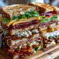 Vibrant loaded deli sandwich board with assorted meats, cheeses, and fresh vegetables ready for building perfect sandwiches.
