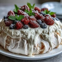 Delicate Mothers Day Pavlova with crisp meringue shell and fluffy whipped cream, crowned with fresh mixed berries for a festive dessert.