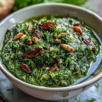 Dandelion pesto with garlic and pine nuts in a bowl, ready to serve over pasta or spread on bread.